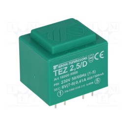 1 pcs x BREVE TUFVASSONS - TEZ2.5/D230/6V - Transformer: encapsulated, 2.5VA, 230VAC, 6V, 416.6mA, PCB, IP00