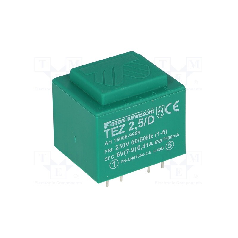 1 pcs x BREVE TUFVASSONS - TEZ2.5/D230/6V - Transformer: encapsulated, 2.5VA, 230VAC, 6V, 416.6mA, PCB, IP00