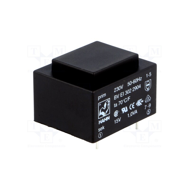 1 pcs x HAHN - BV EI 302 2904 - Transformer: encapsulated, 1VA, 230VAC, 15V, 67mA, PCB, BVEI