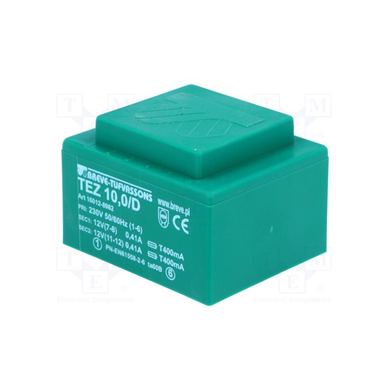 1 pcs x BREVE TUFVASSONS - TEZ10/D230/12-12V - Transformer: encapsulated, 10VA, 230VAC, 12V, 12V, 416.6mA, 416.6mA