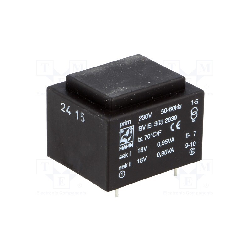 1 pcs x HAHN - BV EI 303 2039 - Transformer: encapsulated, 1.9VA, 230VAC, 18V, 18V, 52mA, 52mA, PCB