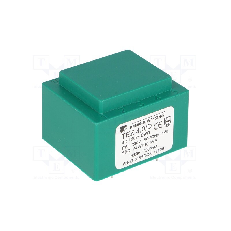 1 pcs x BREVE TUFVASSONS - TEZ4/D230/24V - Transformer: encapsulated, 4VA, 230VAC, 24V, 166.6mA, PCB, IP00