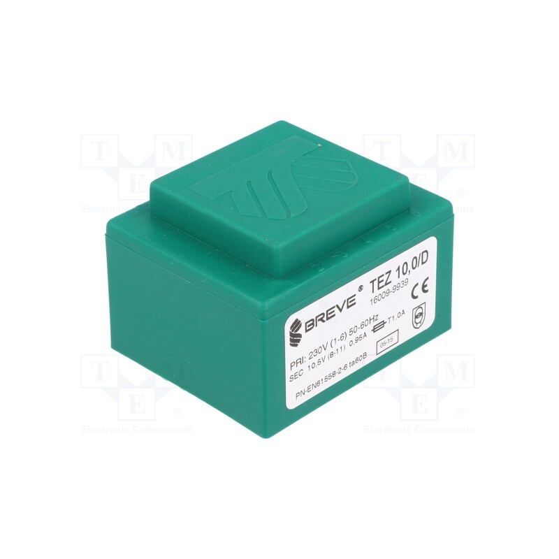 1 pcs x BREVE TUFVASSONS - TEZ10/D230/10.5V - Transformer: encapsulated, 10VA, 230VAC, 10.5V, 952.3mA, PCB, IP00