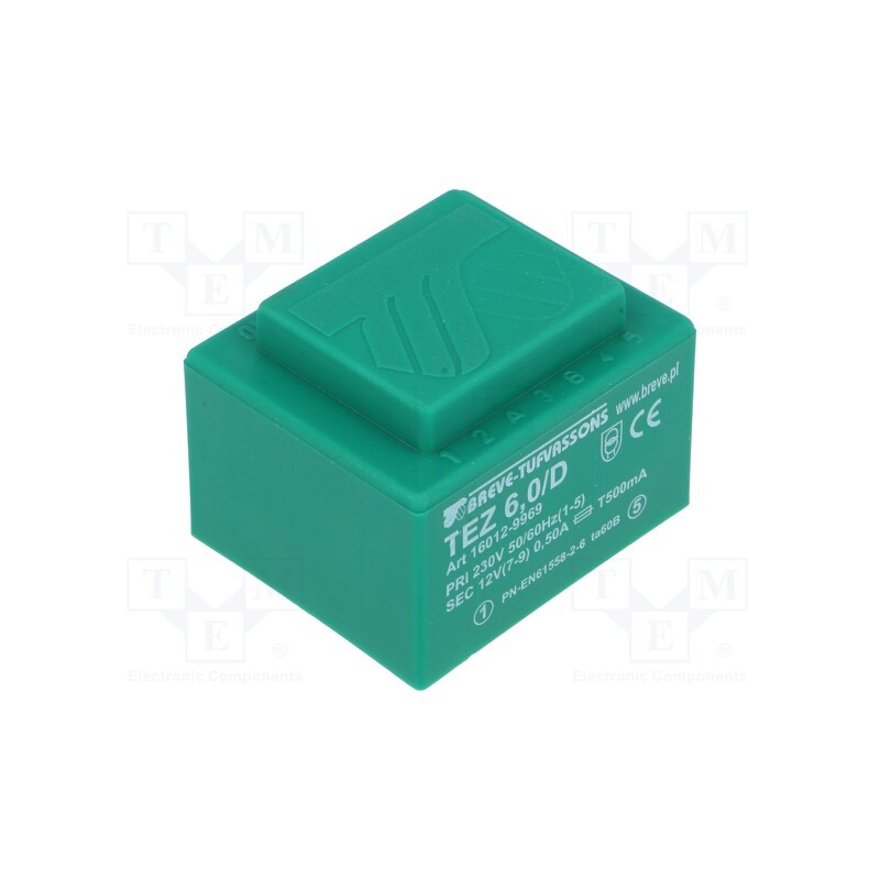 1 pcs x BREVE TUFVASSONS - TEZ6/D230/12V - Transformer: encapsulated, 6VA, 230VAC, 12V, 500mA, PCB, IP00, TEZ