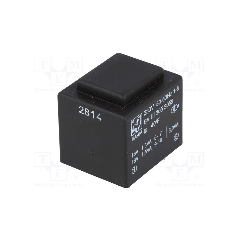 1 pcs x HAHN - BV EI 305 2059 - Transformer: encapsulated, 3VA, 230VAC, 18V, 18V, 83mA, 83mA, PCB