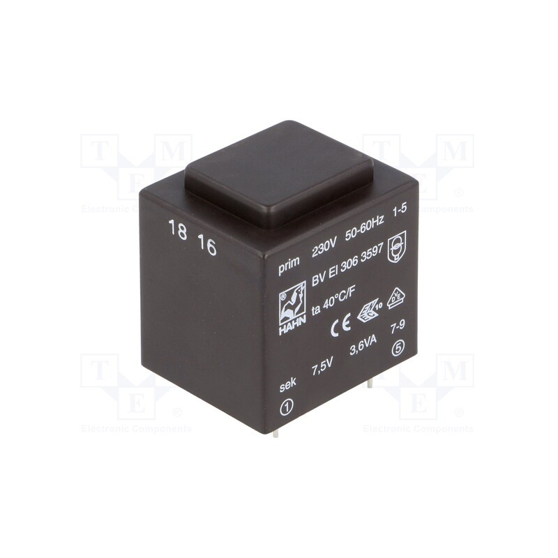 1 pcs x HAHN - BV EI 306 3597 - Transformer: encapsulated, 3.6VA, 230VAC, 7.5V, 480mA, PCB, BVEI