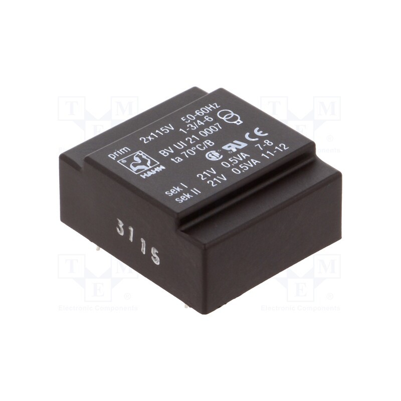 1 pcs x HAHN - BV UI 21 0007 - Transformer: encapsulated, 1VA, 115VACx2, 21V, 21V, 23mA, 23mA, PCB