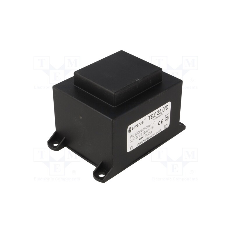 1 pcs x BREVE TUFVASSONS - TEZ25/D230/24V - Transformer: encapsulated, 25VA, 230VAC, 24V, 1041.6mA, PCB, IP00