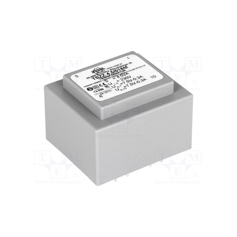 1 pcs x INDEL - TSZZ4.5/018M - Transformer: encapsulated, 4.5VA, 230VAC, 7.5V, 7.5V, 300mA, 300mA