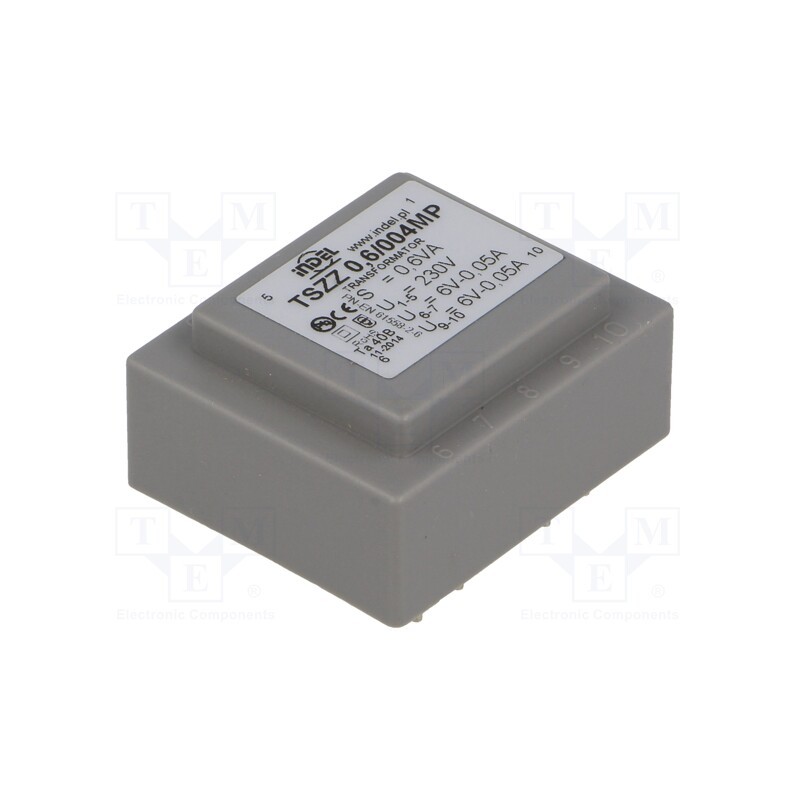 1 pcs x INDEL - TSZZ0.6/004MP - Transformer: encapsulated, 0.6VA, 230VAC, 6V, 6V, 50mA, 50mA, PCB