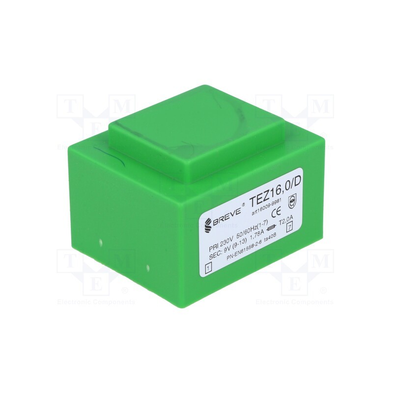 1 pcs x BREVE TUFVASSONS - TEZ16/D230/9V - Transformer: encapsulated, 16VA, 230VAC, 9V, 1777.7mA, PCB, IP00