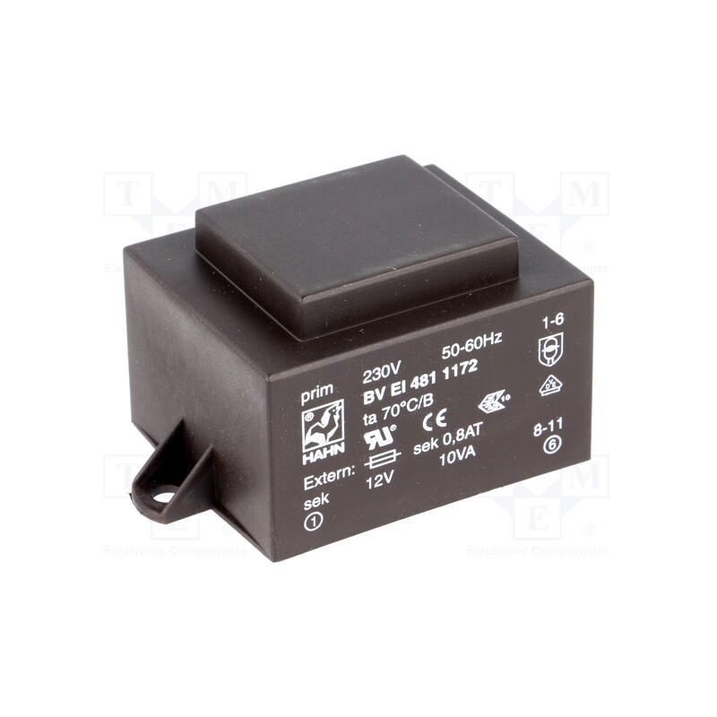 1 pcs x HAHN - BV EI 481 1172 - Transformer: encapsulated, 10VA, 230VAC, 12V, 833mA, PCB, BVEI