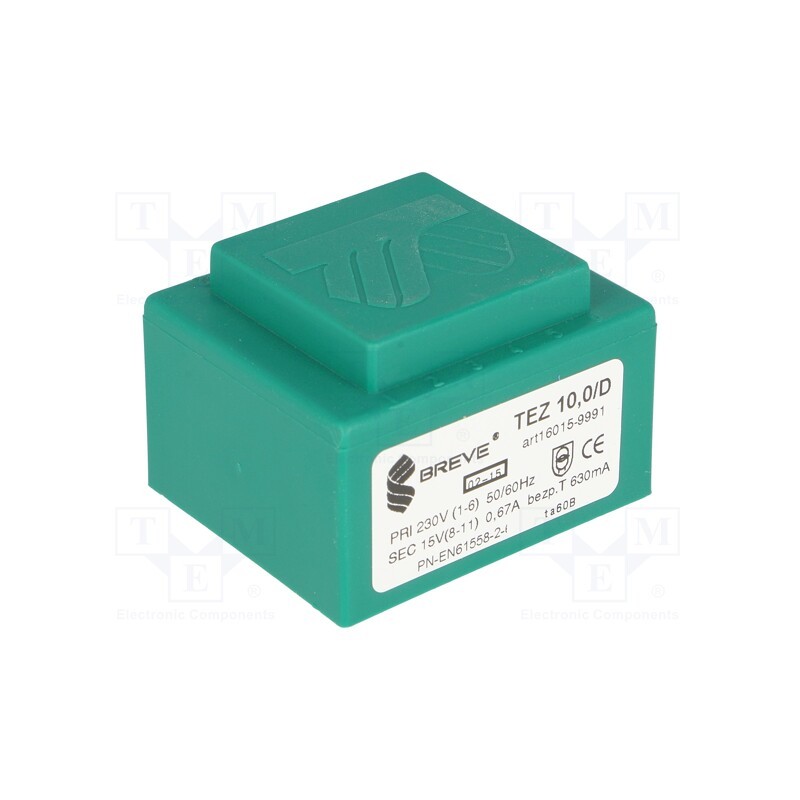 1 pcs x BREVE TUFVASSONS - TEZ10/D230/15V - Transformer: encapsulated, 10VA, 230VAC, 15V, 666.6mA, PCB, IP00