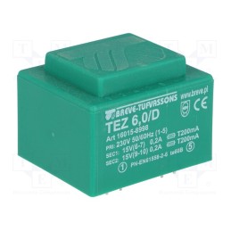 1 pcs x BREVE TUFVASSONS - TEZ6/D230/15-15V - Transformer: encapsulated, 6VA, 230VAC, 15V, 15V, 200mA, 200mA, PCB