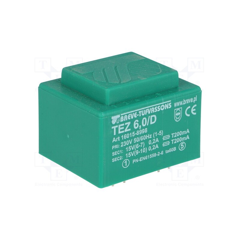 1 pcs x BREVE TUFVASSONS - TEZ6/D230/15-15V - Transformer: encapsulated, 6VA, 230VAC, 15V, 15V, 200mA, 200mA, PCB