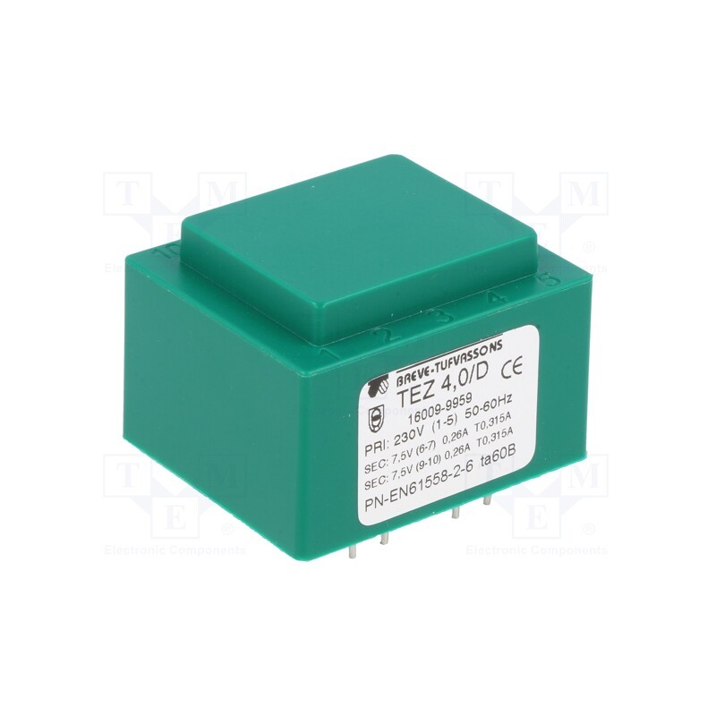 1 pcs x BREVE TUFVASSONS - TEZ4/D230/7.5-7.5V - Transformer: encapsulated, 4VA, 230VAC, 7.5V, 7.5V, 266.6mA, PCB