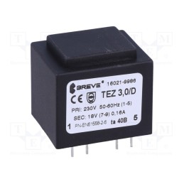 1 pcs x BREVE TUFVASSONS - TEZ3.0/D230/18V TA40 - Transformer: encapsulated, 3VA, 230VAC, 18V, 167mA, PCB, IP00, TEZ
