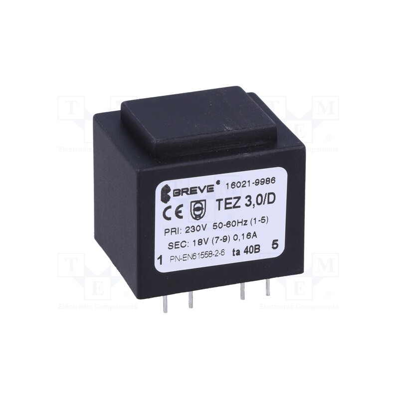 1 pcs x BREVE TUFVASSONS - TEZ3.0/D230/18V TA40 - Transformer: encapsulated, 3VA, 230VAC, 18V, 167mA, PCB, IP00, TEZ