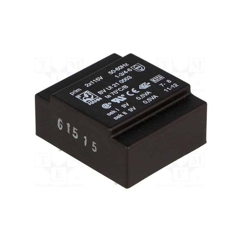 1 pcs x HAHN - BV UI 21 0003 - Transformer: encapsulated, 1VA, 115VACx2, 9V, 9V, 56mA, 56mA, PCB