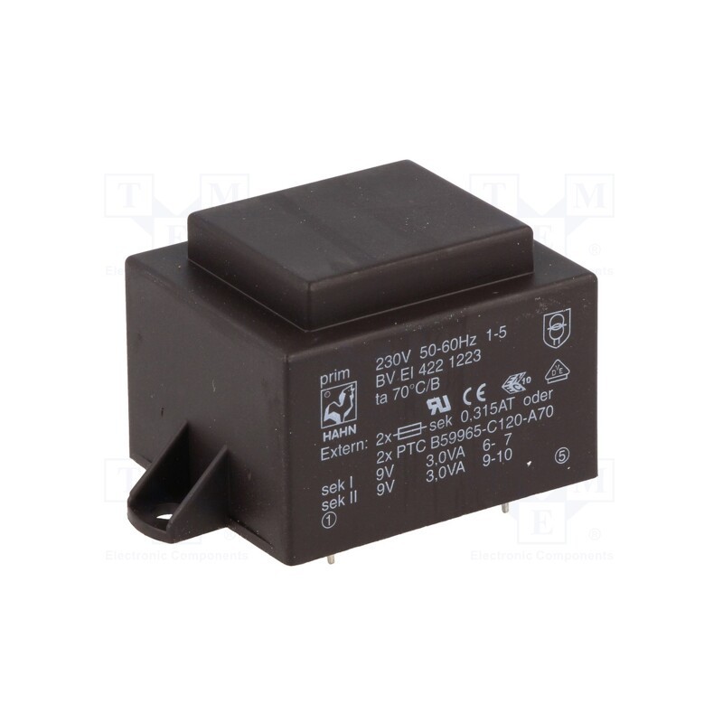 1 pcs x HAHN - BV EI 422 1223 - Transformer: encapsulated, 6VA, 230VAC, 9V, 9V, 334mA, 334mA, PCB