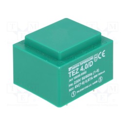 1 pcs x BREVE TUFVASSONS - TEZ4/D230/6V - Transformer: encapsulated, 4VA, 230VAC, 6V, 666.6mA, PCB, IP00, TEZ