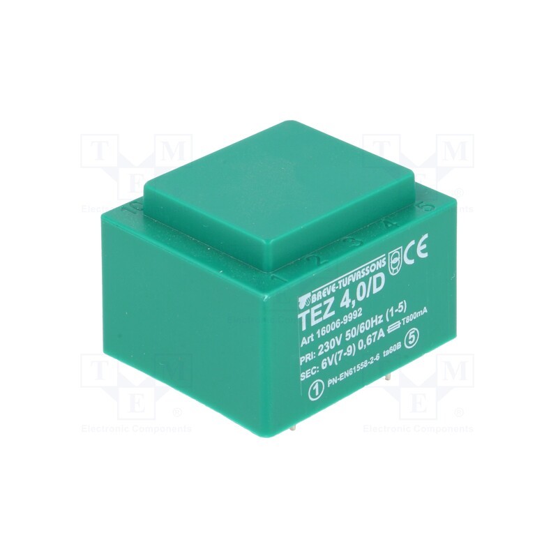 1 pcs x BREVE TUFVASSONS - TEZ4/D230/6V - Transformer: encapsulated, 4VA, 230VAC, 6V, 666.6mA, PCB, IP00, TEZ