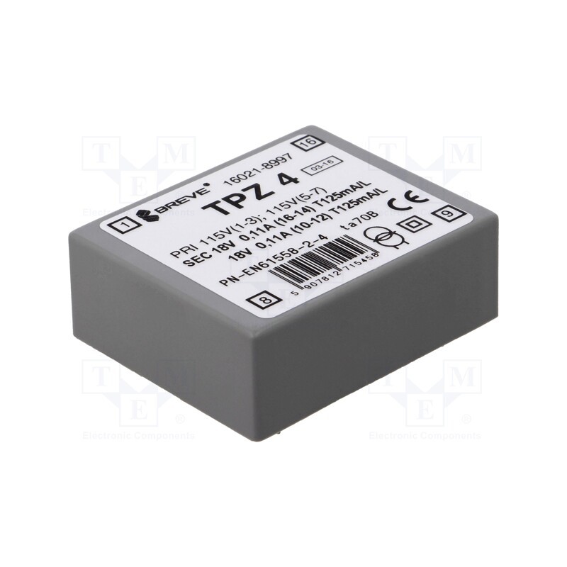 1 pcs x BREVE TUFVASSONS - TPZ4/2*115/2*18V - Transformer: mains, 4VA, 115VAC,230VAC, 18V, 18V, PCB, IP00