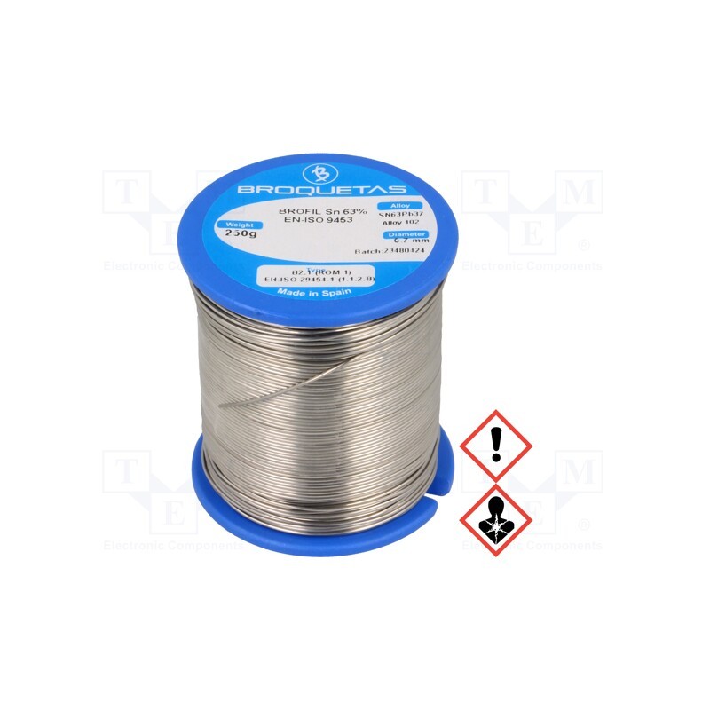 1 pcs x BROQUETAS - BROFIL 63 B2.1 0.7MM 250G - Soldering wire, Sn63Pb37, 0.7mm, 250g, lead-based, reel, 183°C