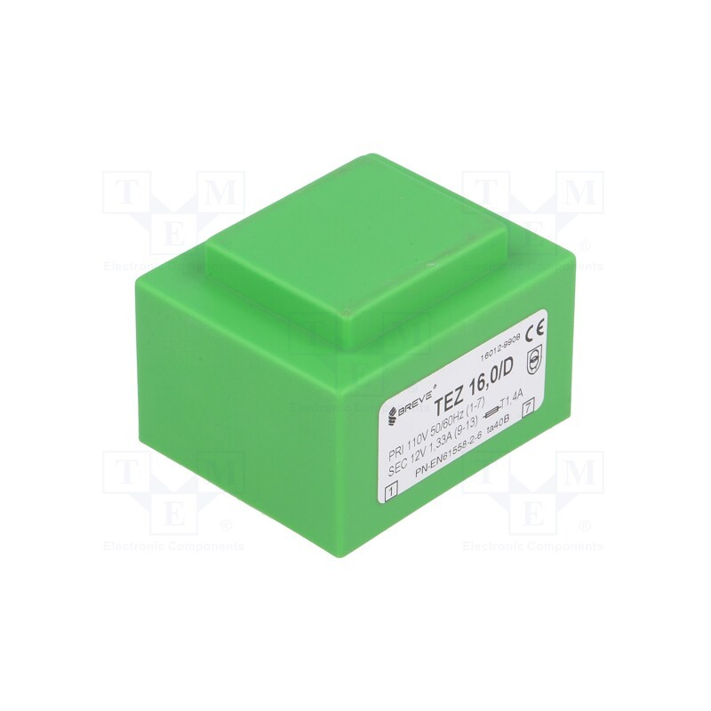 1 pcs x BREVE TUFVASSONS - TEZ16/D110/12V - Transformer: encapsulated, 16VA, 110VAC, 12V, 1333.3mA, PCB, IP00