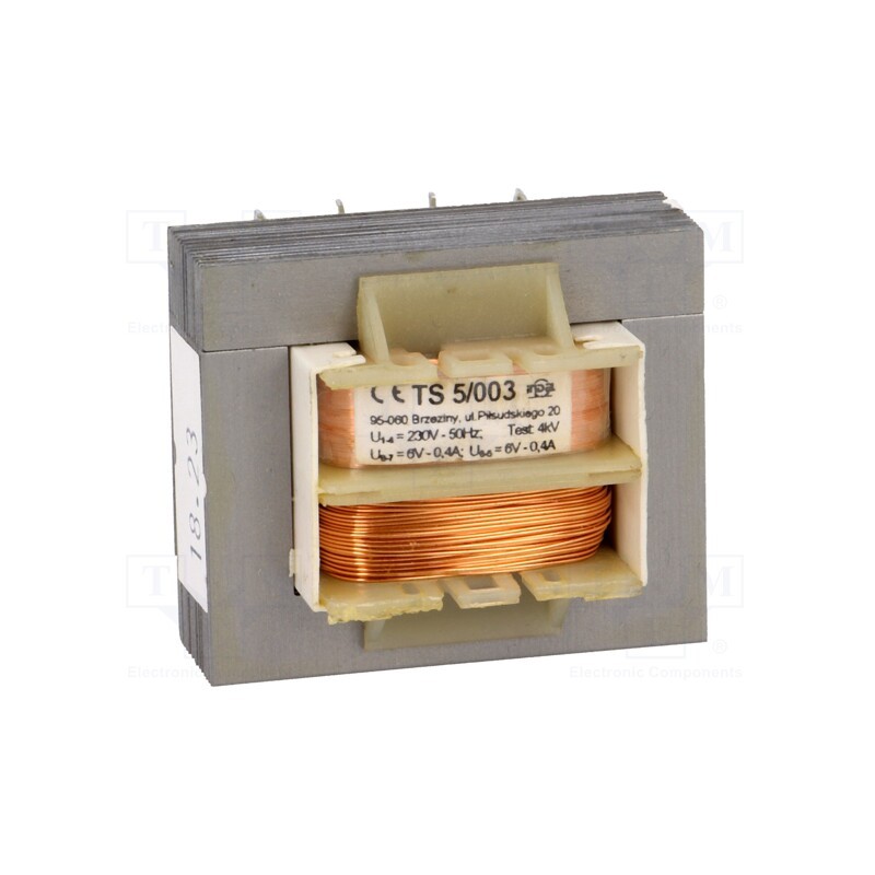 1 pcs x INDEL - TS5/003 - Transformer: mains, 5VA, 230VAC, 6V, 6V, 400mA, 400mA, screw type