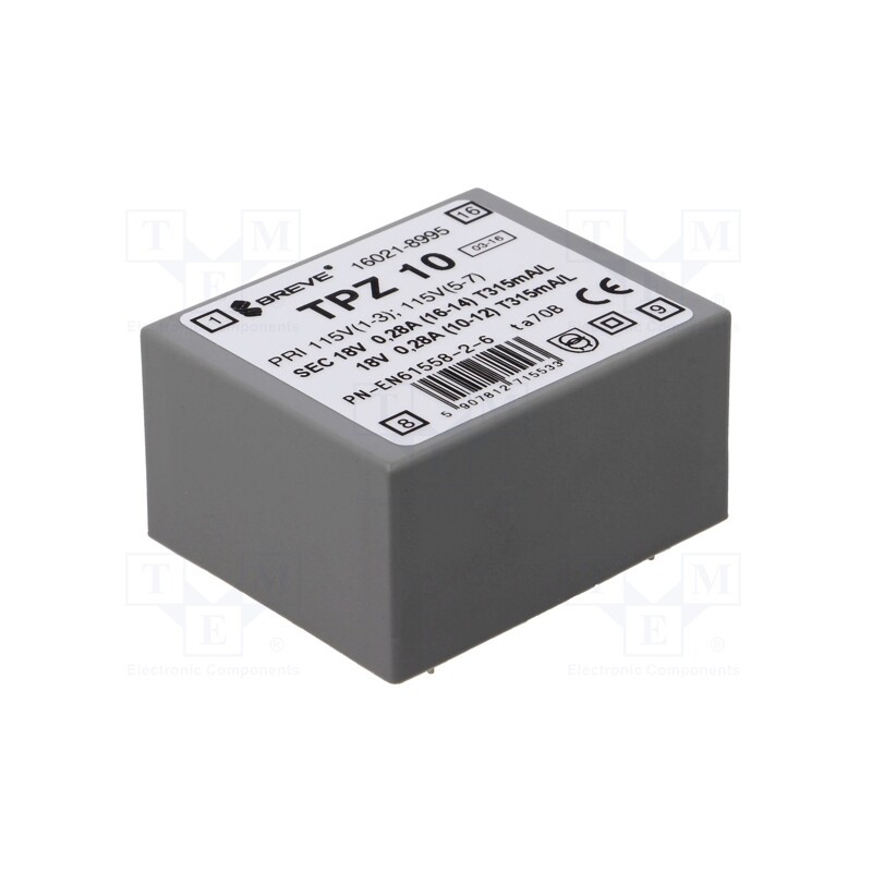 1 pcs x BREVE TUFVASSONS - TPZ10/2*115/2*18V - Transformer: mains, 10VA, 115VAC,230VAC, 18V, 18V, PCB, IP00
