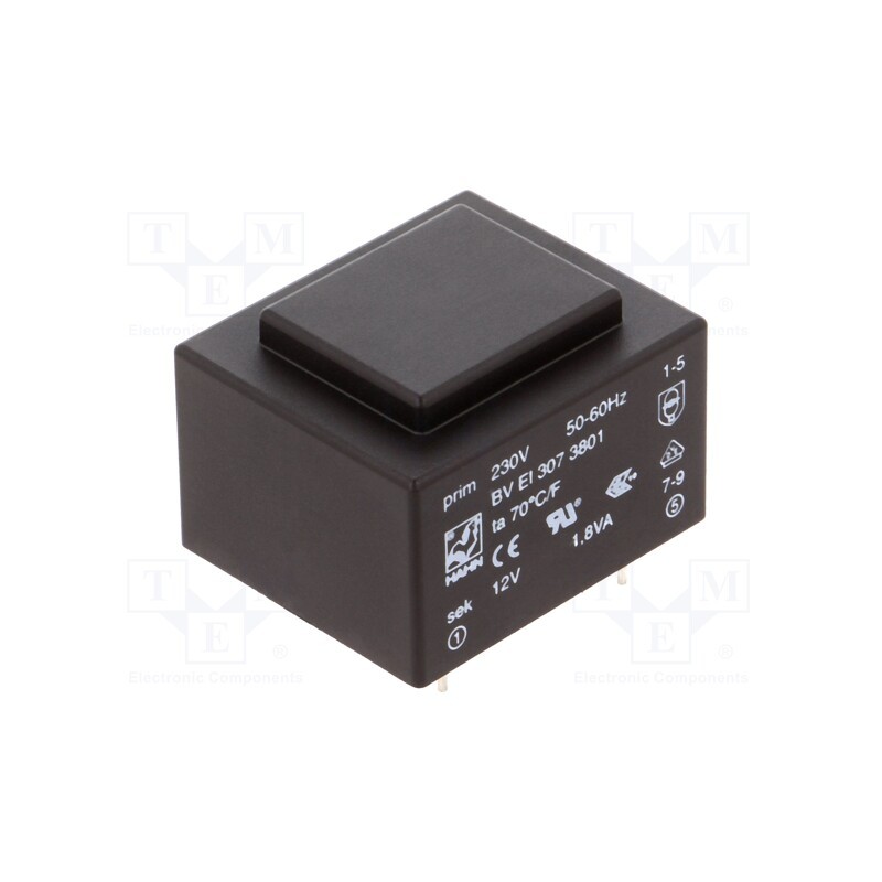 1 pcs x HAHN - BV EI 307 3801 - Transformer: encapsulated, 1.8VA, 230VAC, 12V, 150mA, PCB, BVEI