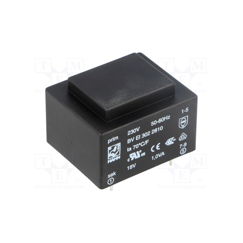 1 pcs x HAHN - BV EI 302 2810 - Transformer: encapsulated, 1VA, 230VAC, 18V, 56mA, PCB, BVEI