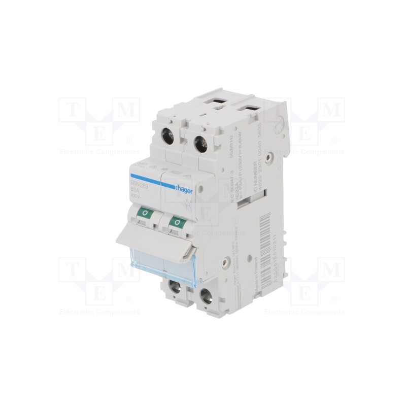 1 pcs x HAGER - SBN263 - Switch-disconnector, Poles: 2, for DIN rail mounting, 63A, 400VAC