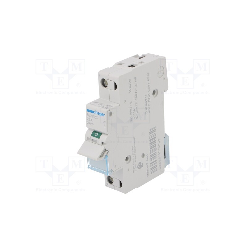 1 pcs x HAGER - SBN125 - Switch-disconnector, Poles: 1, for DIN rail mounting, 25A, 230VAC