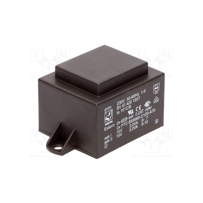 1 pcs x HAHN - BV EI 422 1227 - Transformer: encapsulated, 6VA, 230VAC, 15V, 15V, 200mA, 200mA, PCB