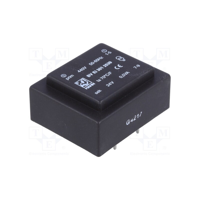 1 pcs x HAHN - BV EI 301 2539 - Transformer: encapsulated, 0.5VA, 440VAC, 24V, 20mA, PCB, BVEI