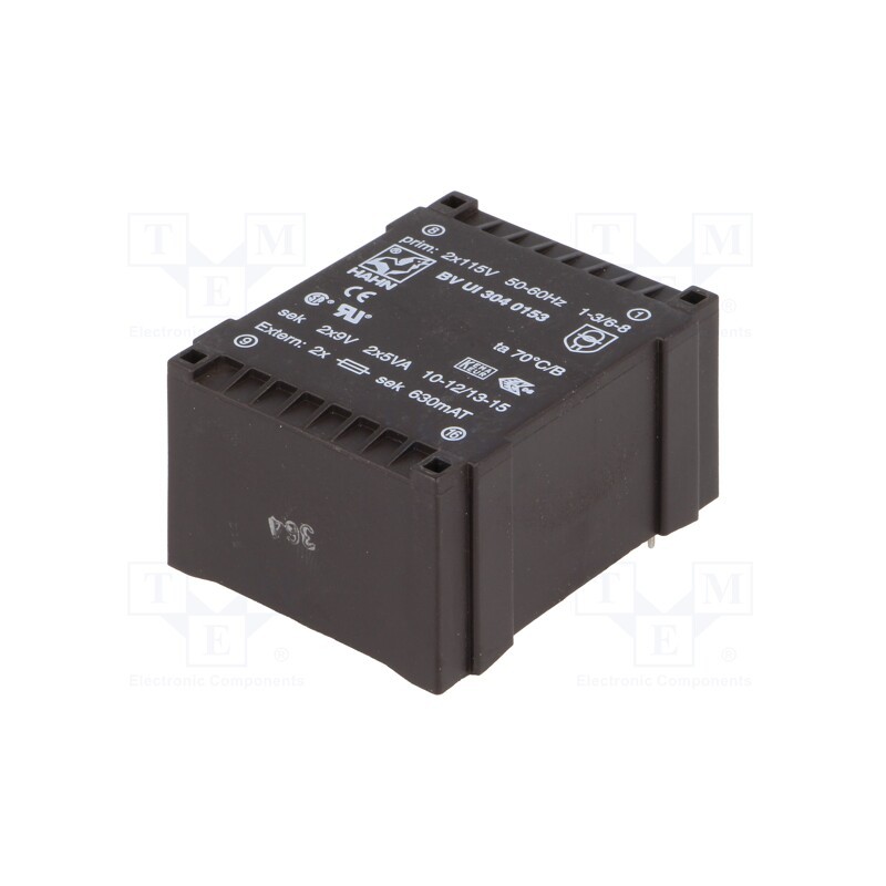 1 pcs x HAHN - BV UI 304 0153 - Transformer: encapsulated, 10VA, 115VACx2, 9V, 9V, 555mA, 555mA, PCB