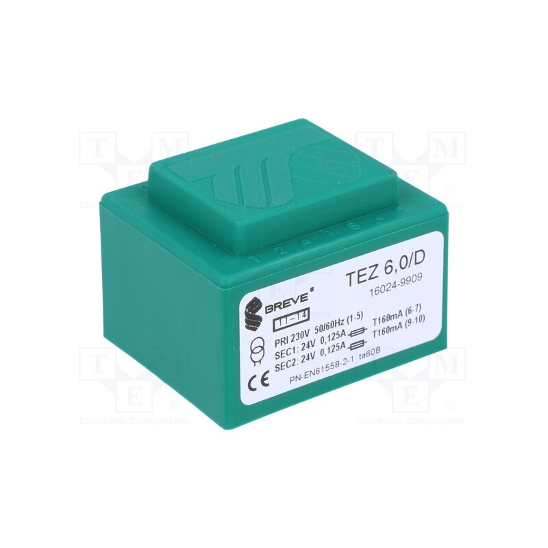 1 pcs x BREVE TUFVASSONS - TEZ6/D230/24-24V - Transformer: encapsulated, 6VA, 230VAC, 24V, 24V, 125mA, 125mA, PCB