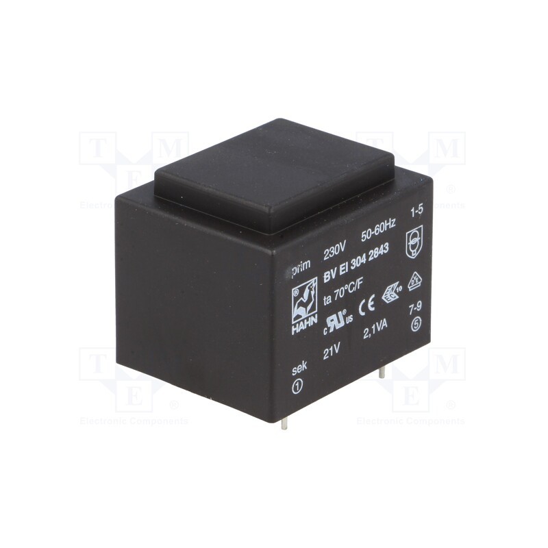1 pcs x HAHN - BV EI 304 2843 - Transformer: encapsulated, 2.1VA, 230VAC, 21V, 100mA, PCB, BVEI