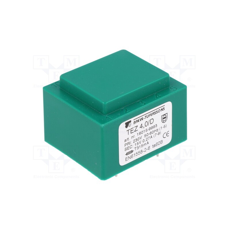 1 pcs x BREVE TUFVASSONS - TEZ4/D230/15V - Transformer: encapsulated, 4VA, 230VAC, 15V, 266.6mA, PCB, IP00