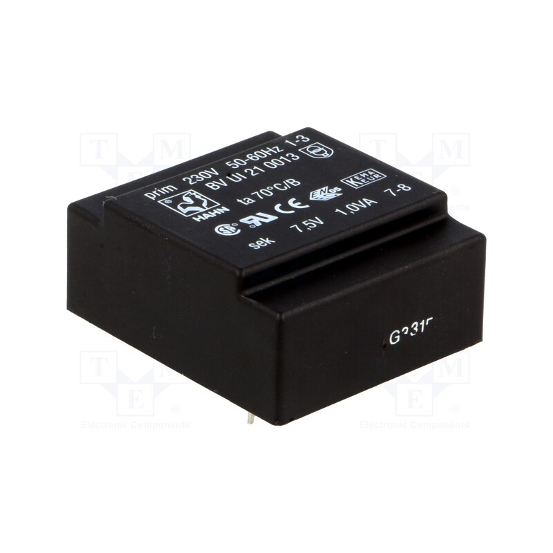 1 pcs x HAHN - BV UI 21 0013 - Transformer: encapsulated, 1VA, 230VAC, 7.5V, 133mA, PCB, BVUI