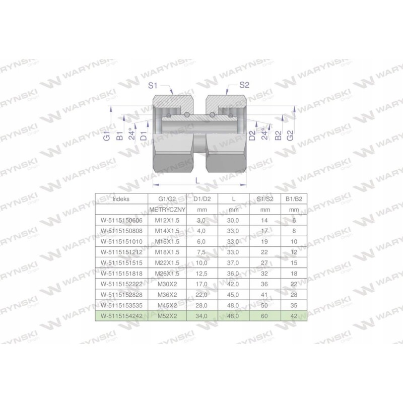 Metric hydraulic connector AA M52x2 42L Waryns
