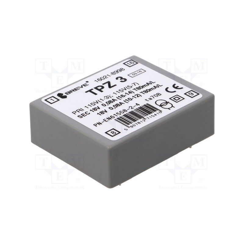 1 pcs x BREVE TUFVASSONS - TPZ3/2*115/2*18V - Transformer: mains, 3VA, 115VAC,230VAC, 18V, 18V, PCB, IP00