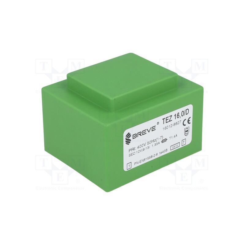 1 pcs x BREVE TUFVASSONS - TEZ16/D400/12V - Transformer: encapsulated, 16VA, 400VAC, 12V, 1333.3mA, PCB, IP00