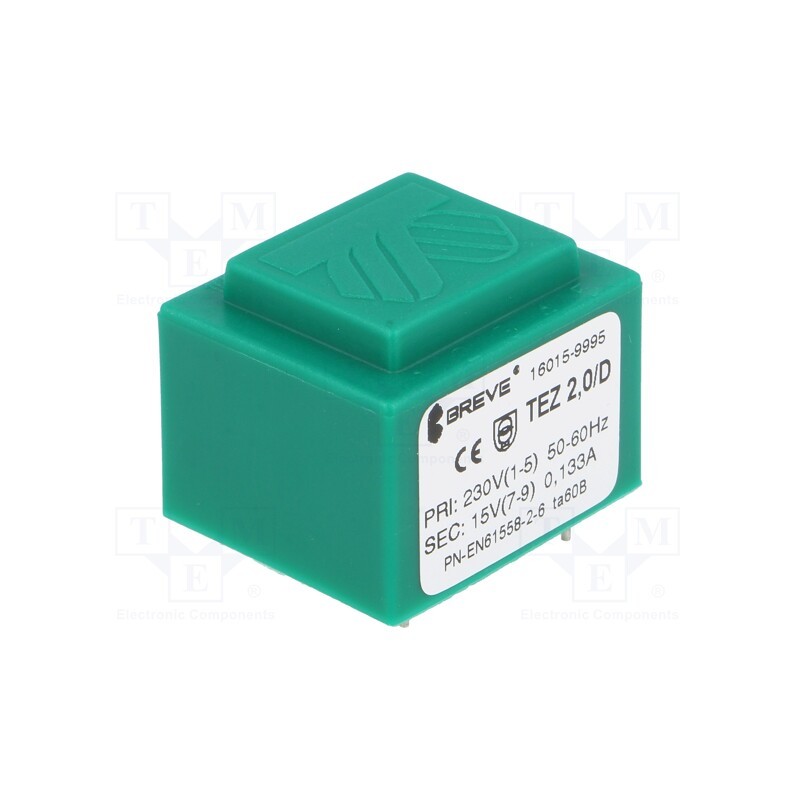 1 pcs x BREVE TUFVASSONS - TEZ2/D230/15V - Transformer: encapsulated, 2VA, 230VAC, 15V, 133.3mA, PCB, IP00