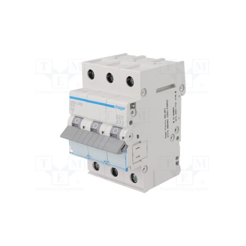 1 pcs x HAGER - MBN316E - Circuit breaker, 230/400VAC, Inom: 16A, Poles: 3, Charact: B, 6kA