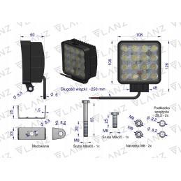 Square work lamp 48w 16 LED glanz