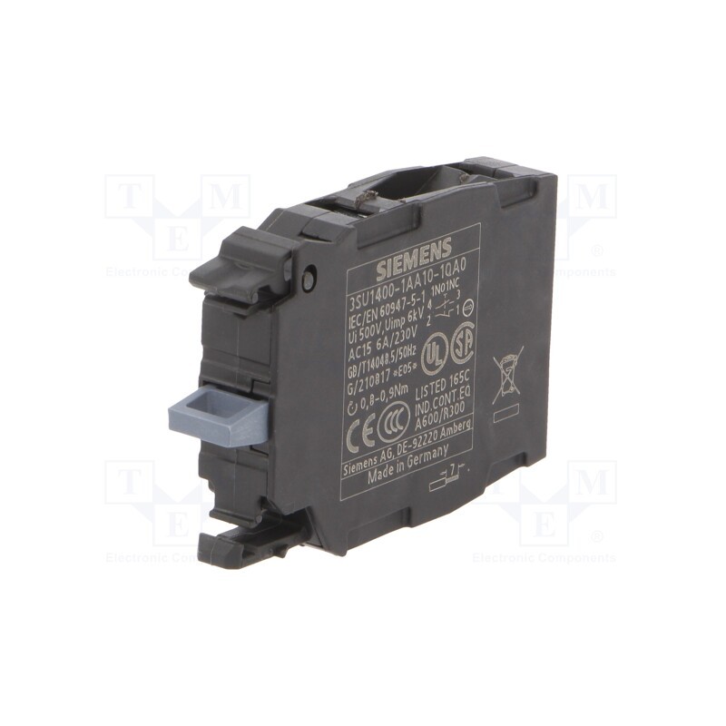 1 pcs x SIEMENS - 3SU1400-1AA10-1QA0 - Contact block, 22mm, -25÷70°C, front fixing, Contacts: NC + NO