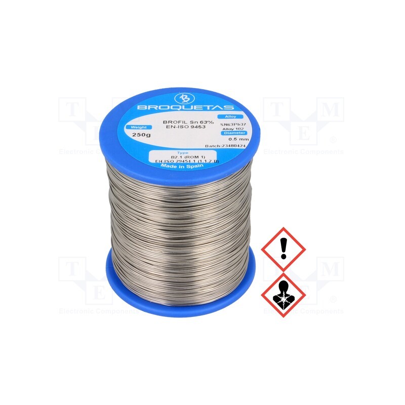 1 pcs x BROQUETAS - BROFIL 63 B2.1 0.5MM 250G - Soldering wire, Sn63Pb37, 0.5mm, 250g, lead-based, reel, 183°C